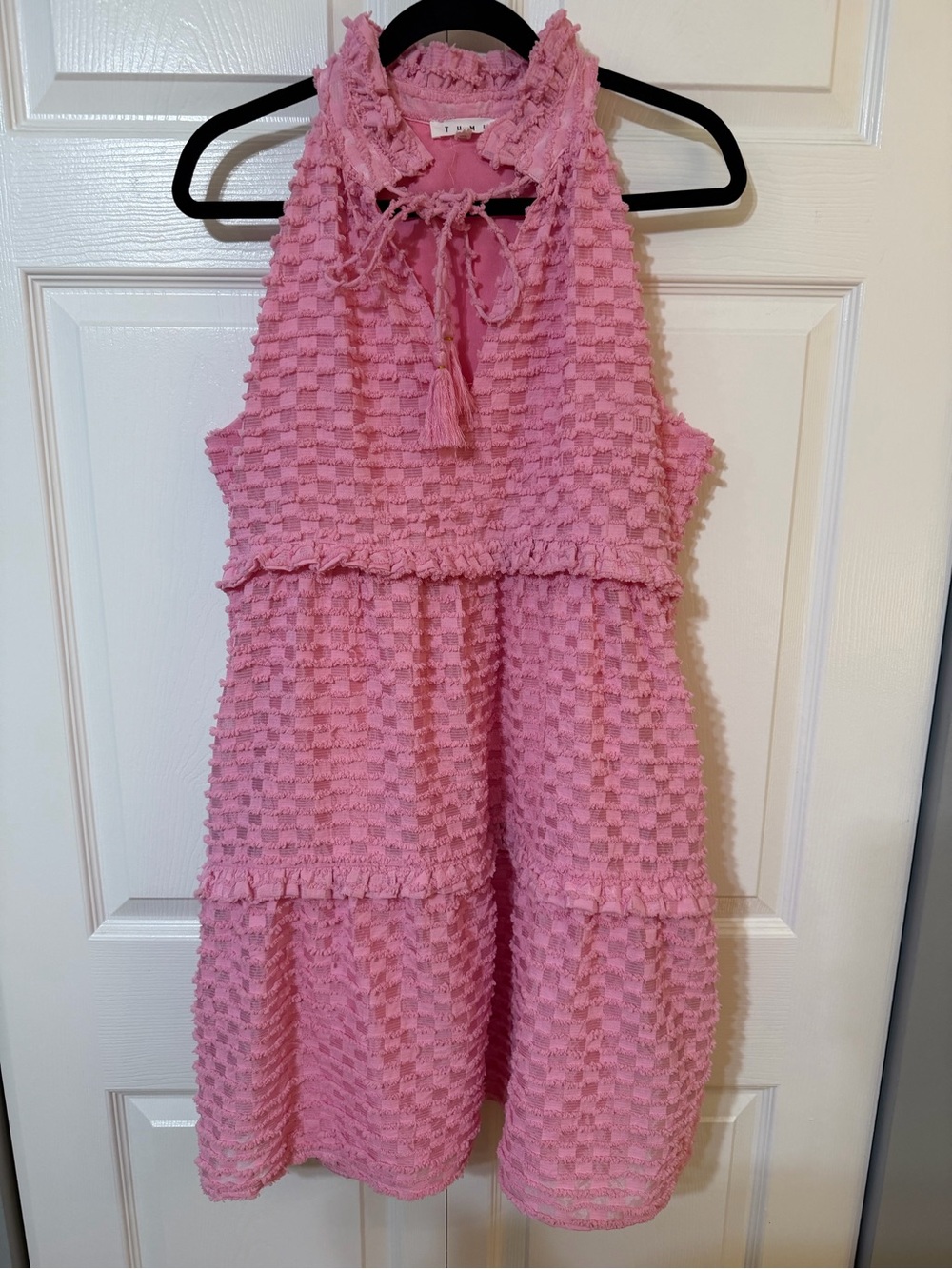 THML Pink Ruffle Textured Halter Tiered Mini Dress with Tassel